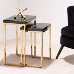 Set Of 2 Black Mirrored Glass And Gold Metal Nesting Side End Tables