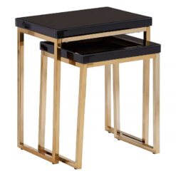 Set Of 2 Black Mirrored Glass And Gold Metal Nesting Side End Tables