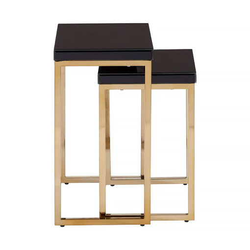 Set Of 2 Black Mirrored Glass And Gold Metal Nesting Side End Tables