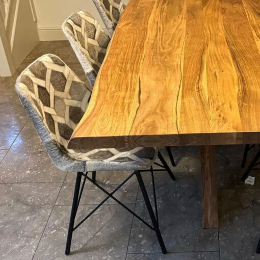 Set Of 2 Industrial Genuine Grey Cowhide And Black Metal Dining Chairs