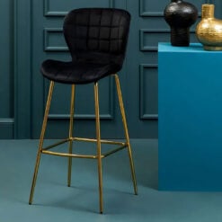 Set Of 2 May Art Deco Black Velvet And Gold Metal Winged Bar Stool