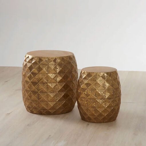 Set Of 2 Moroccan Boho Hammered Antique Gold Metal Stools Side Tables