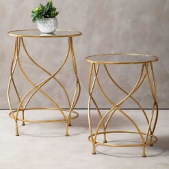Set Of 2 Nesting Art Deco Mirrored Glass And Antique Gold Side Tables
