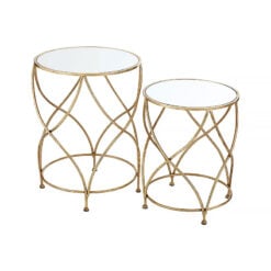 Set Of 2 Nesting Art Deco Mirrored Glass And Antique Gold Side Tables