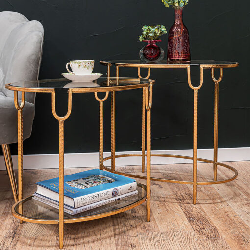 Set Of 2 Zoey Antique Gold Gilt Leaf Metal And Glass Nesting Side Tables