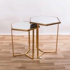 Set Of 2 Zoey Antique Gold Metal And Mirrored Glass Hexagonal Nesting Side Tables