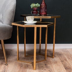 Set Of 2 Zoey Antique Gold Metal And Mirrored Glass Hexagonal Nesting Side Tables