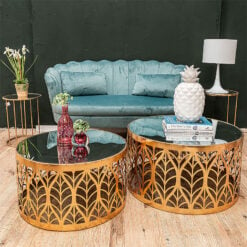 Set Of 2 Zoey Antique Gold Metal And Mirrored Glass Large Nesting Side Tables Coffee Tables
