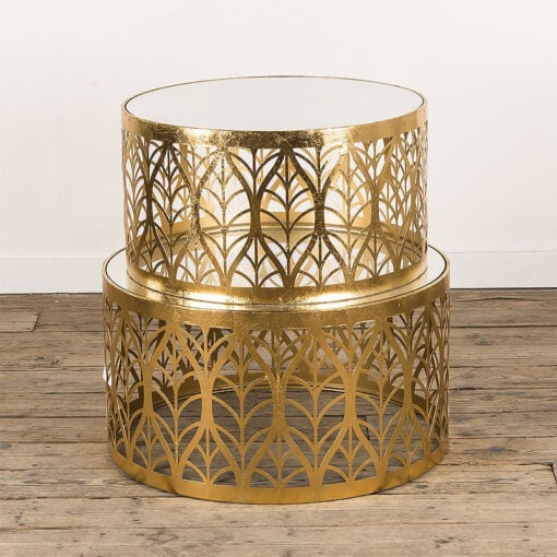 Set Of 2 Zoey Antique Gold Metal And Mirrored Glass Large Nesting Side Tables Coffee Tables