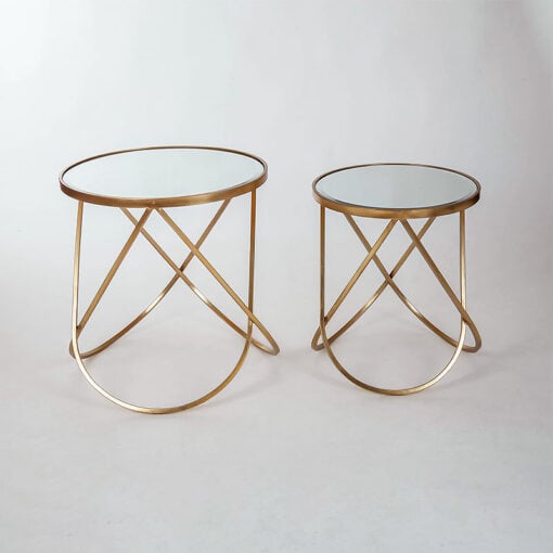 Set Of 2 Zoey Antique Gold Metal And Mirrored Glass Nesting Side Tables