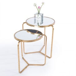 Set Of 2 Zoey Antique Gold Metal And Mirrored Glass Nesting Side Tables