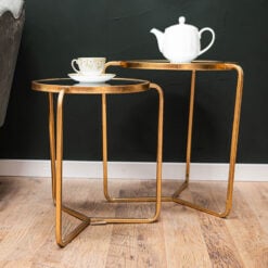Set Of 2 Zoey Antique Gold Metal And Mirrored Glass Nesting Side Tables