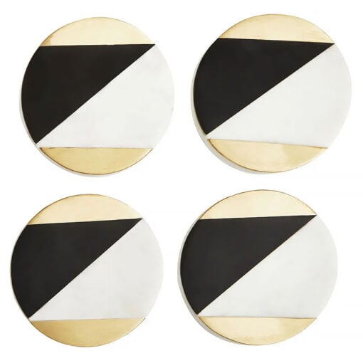 Set Of 4 Art Deco Round Black, White And Gold Marble Coasters