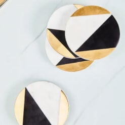 Set Of 4 Art Deco Round Black, White And Gold Marble Coasters