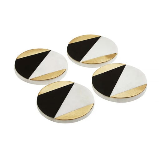 Set Of 4 Art Deco Round Black, White And Gold Marble Coasters