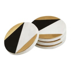 Set Of 4 Art Deco Round Black, White And Gold Marble Coasters