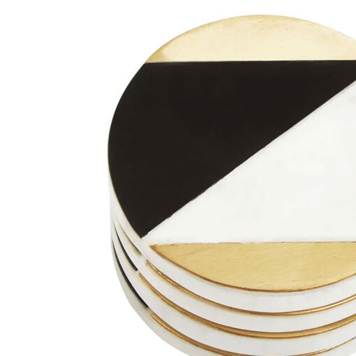 Set Of 4 Art Deco Round Black, White And Gold Marble Coasters