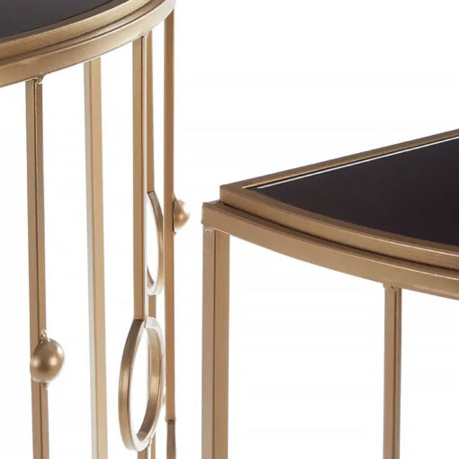 Set of 2 Art Deco Black Glass And Gold Metal Half Moon Console Tables