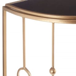 Set of 2 Art Deco Black Glass And Gold Metal Half Moon Console Tables