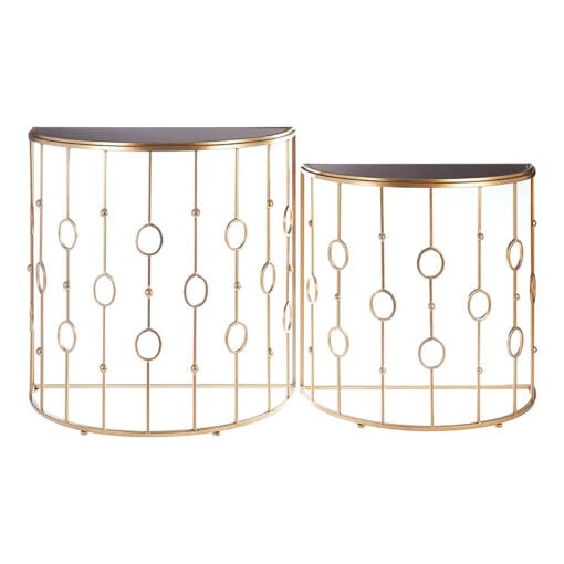 Set of 2 Art Deco Black Glass And Gold Metal Half Moon Console Tables