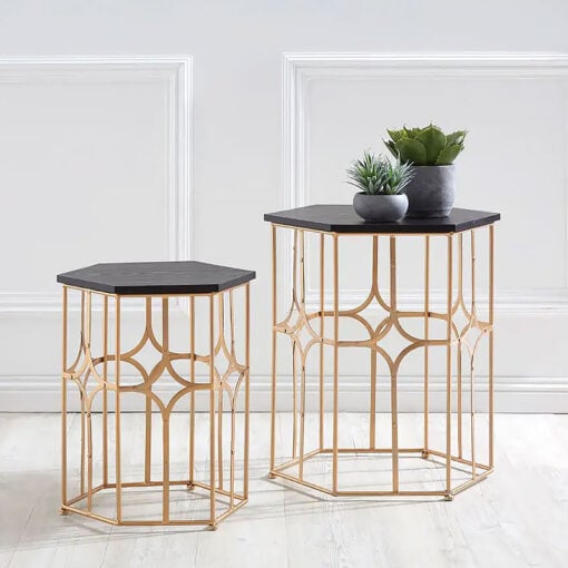 Set of 2 Nesting Art Deco Black And Soft Rose Gold Metal Side Tables