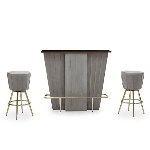 Sia Art Deco Grey Velvet And Gold Set Of 1 Bar Cabinet And 2 Bar Stools