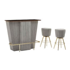 Sia Art Deco Grey Velvet And Gold Set Of 1 Bar Cabinet And 2 Bar Stools