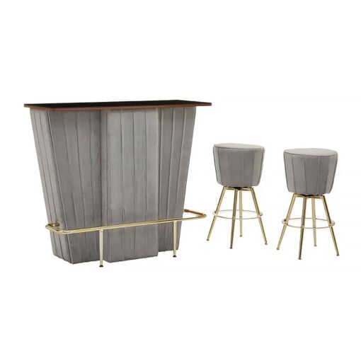 Sia Art Deco Grey Velvet And Gold Set Of 1 Bar Cabinet And 2 Bar Stools