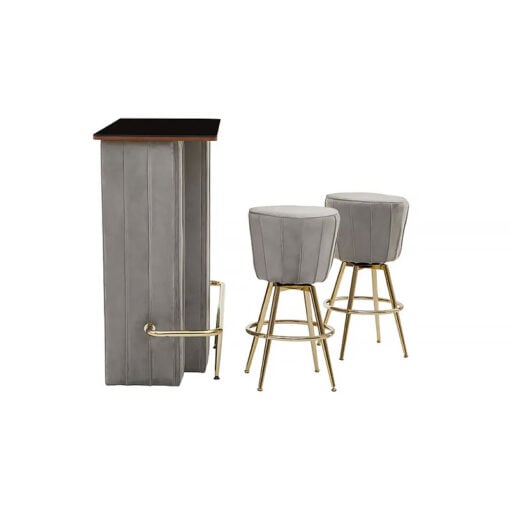 Sia Art Deco Grey Velvet And Gold Set Of 1 Bar Cabinet And 2 Bar Stools