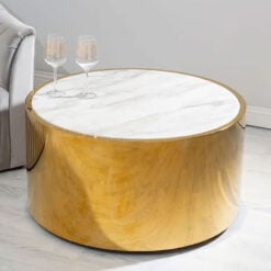 Una Art Deco Faux White Marble And Gold Metal Round Coffee Table