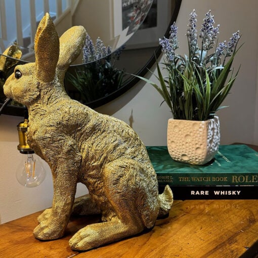 Antique Gold Resin Rabbit Hare Bunny Quirky Animal Table Lamp 39cm