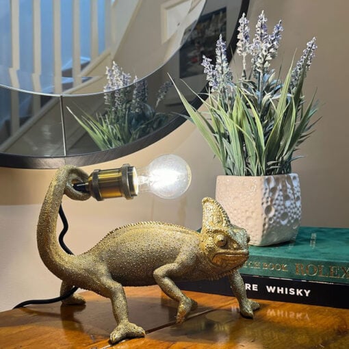 Antique Gold Resin Chameleon Lizard Quirky Animal Table Lamp 29cm