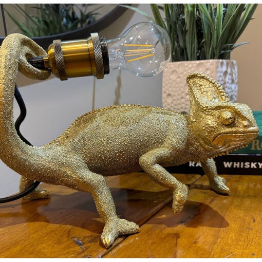 Antique Gold Resin Chameleon Lizard Quirky Animal Table Lamp 29cm