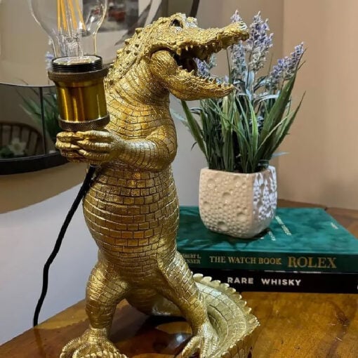 Antique Gold Resin Crocodile Quirky Animal Table Lamp 38cm