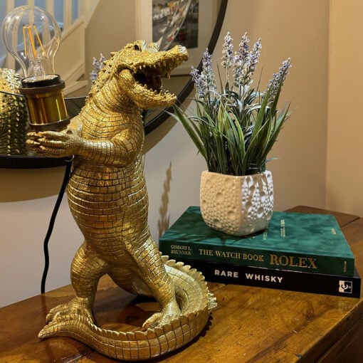 Antique Gold Resin Crocodile Quirky Animal Table Lamp 38cm