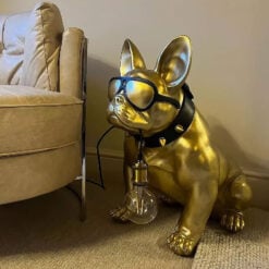 Antique Gold Resin French Bulldog With Sunglasses Quirky Animal Floor Lamp 61cm