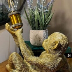 Antique Gold Resin Reclining Monkey Ape Quirky Animal Table Lamp 31cm