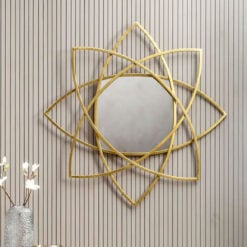 Art Deco Geometric Flower Large Gold Metal Wall Mirror 92cm