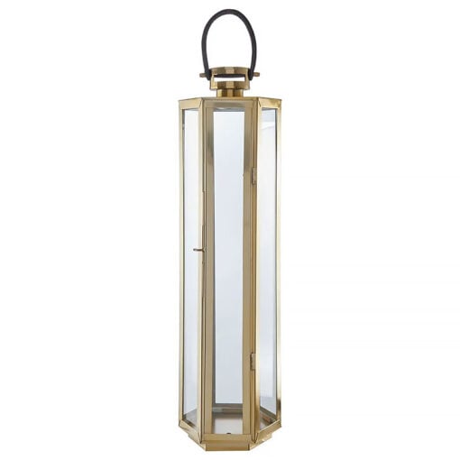 Art Deco Glass And Gold Metal Large Lantern With Black Leather Handle 82cm