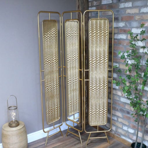 Art Deco Gold Metal 3-Panel Screen Room Divider With A Mirror 176cm