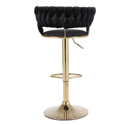 Set Of 2 Art Deco Marissa Braided Black Velvet Tub Bar Stools With Gold Metal Legs