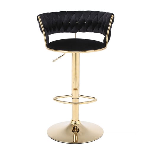 Set Of 2 Art Deco Marissa Braided Black Velvet Tub Bar Stools With Gold Metal Legs