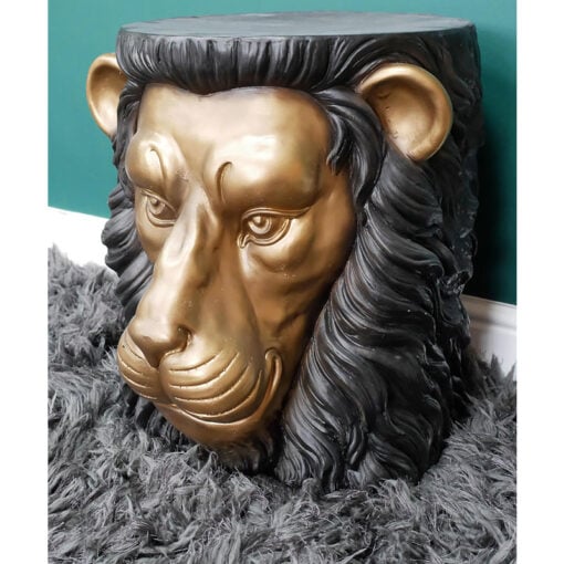 Black And Gold Carved Resin Lion Animal Side Table End Table