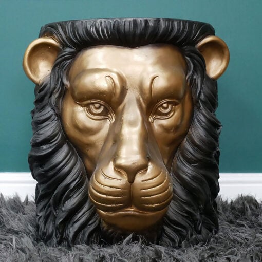 Black And Gold Carved Resin Lion Animal Side Table End Table