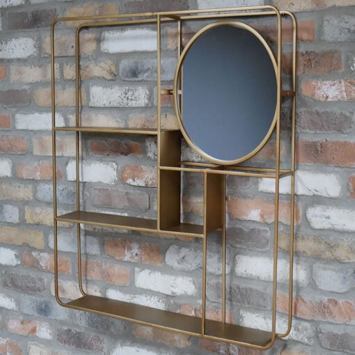 Boho Gold Metal Industrial Wall Shelving Unit With Mirror 80cm