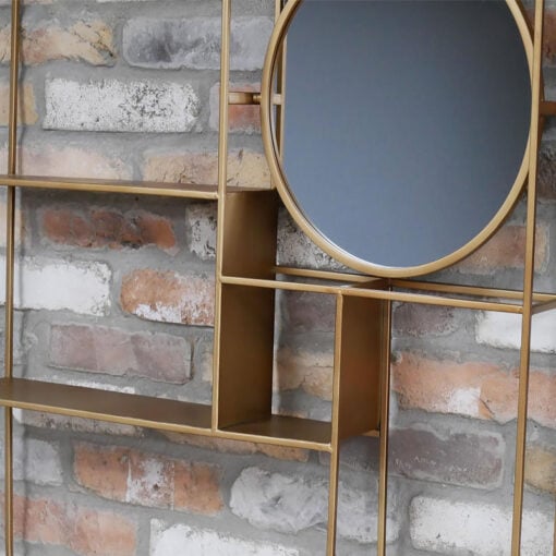 Boho Gold Metal Industrial Wall Shelving Unit With Mirror 80cm