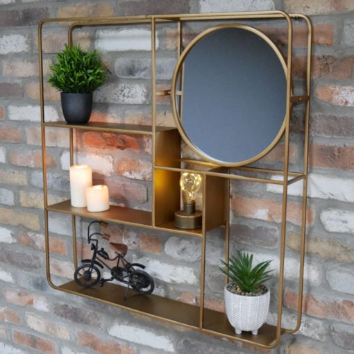 Boho Gold Metal Industrial Wall Shelving Unit With Mirror 80cm