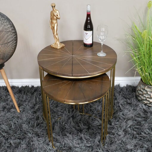 Boho Set Of 2 Nesting Gold Metal Side Tables With Mango Wood Tops