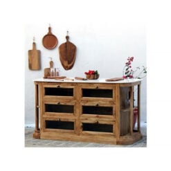 Country Farmhouse Solid Acacia Wood And White Marble 12 Drawer Kitchen Island 155cm