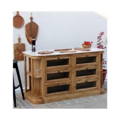 Country Farmhouse Solid Acacia Wood And White Marble 12 Drawer Kitchen Island 155cm